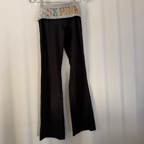 PINK Victoria's Secret Pants - VS PINK Y2K bling foldover flare yoga leggings black grey sequin waistband Small